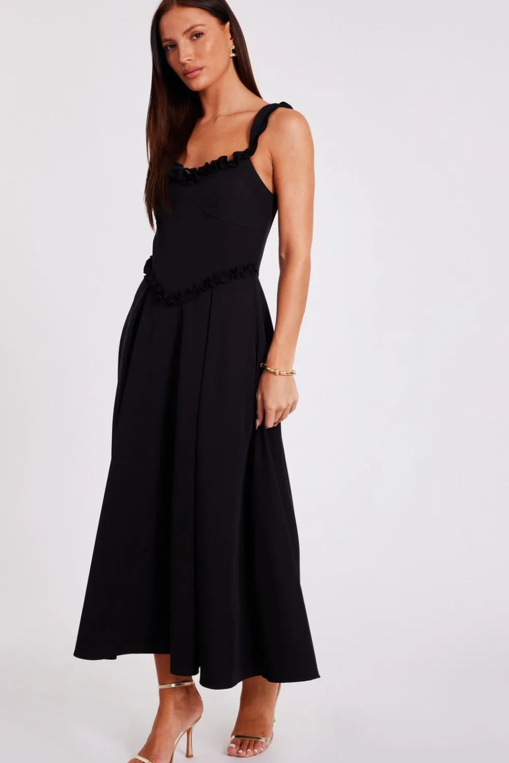 Quiz Day At The Races|Christening Guest>Black Woven Corset Midaxi Dress