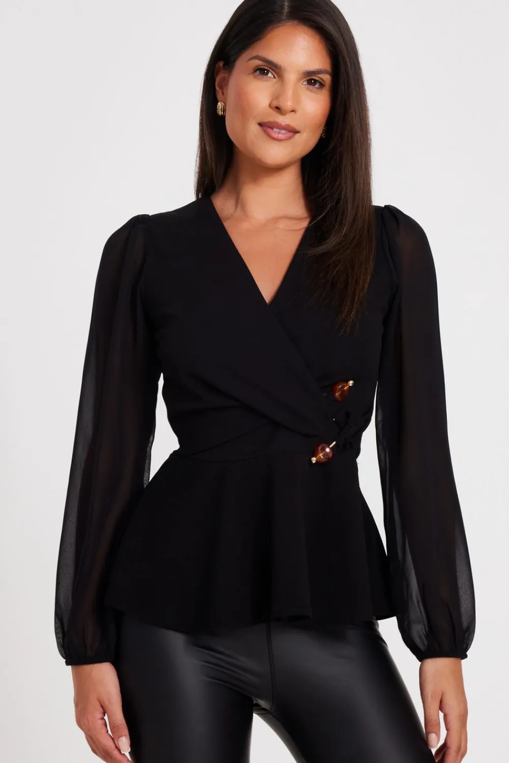 Quiz Going Out Tops|Tops>Black Wrap Front Buckle Top