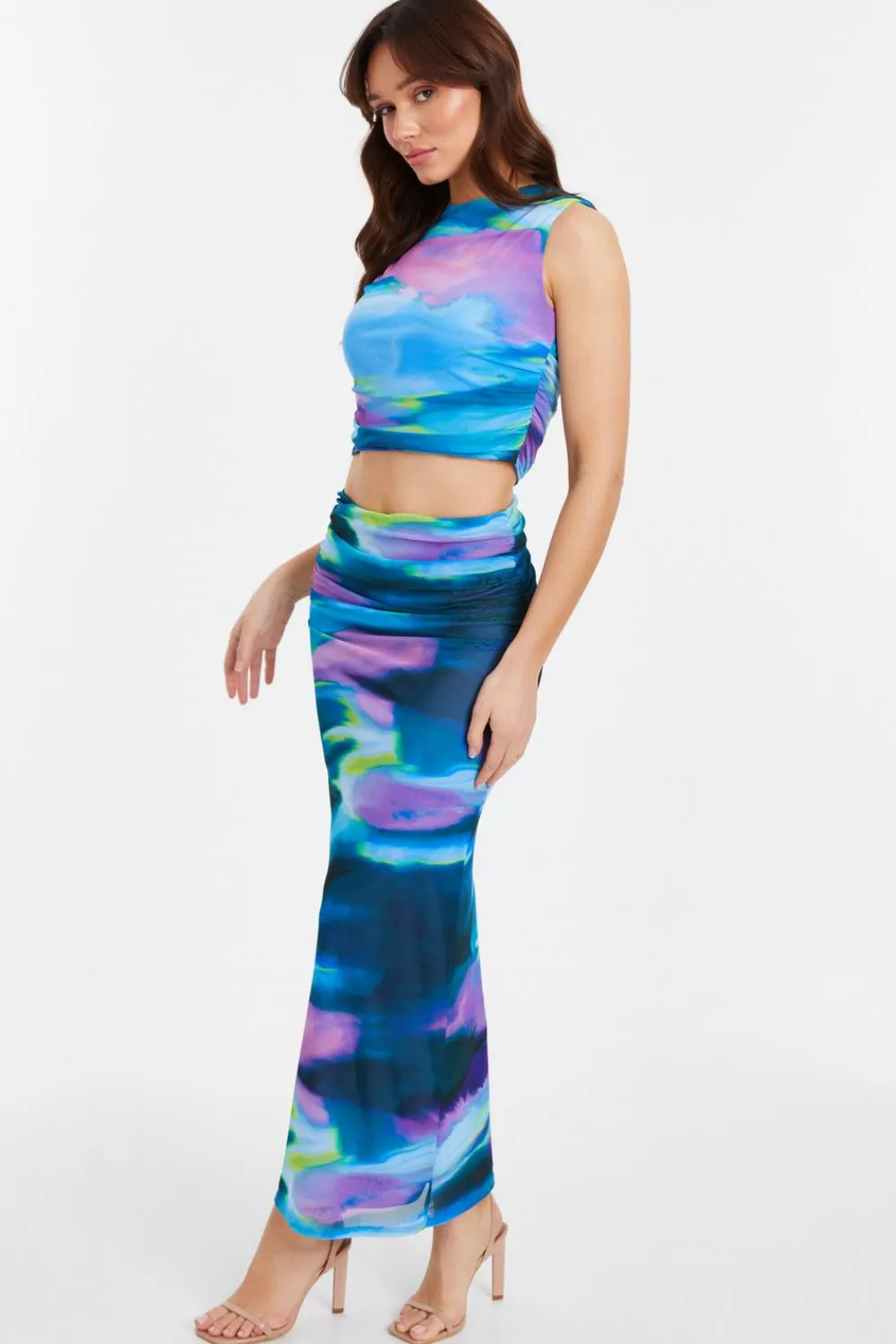 Quiz Summer Tops|Going Out Tops>Blue Abstract Print Mesh Top