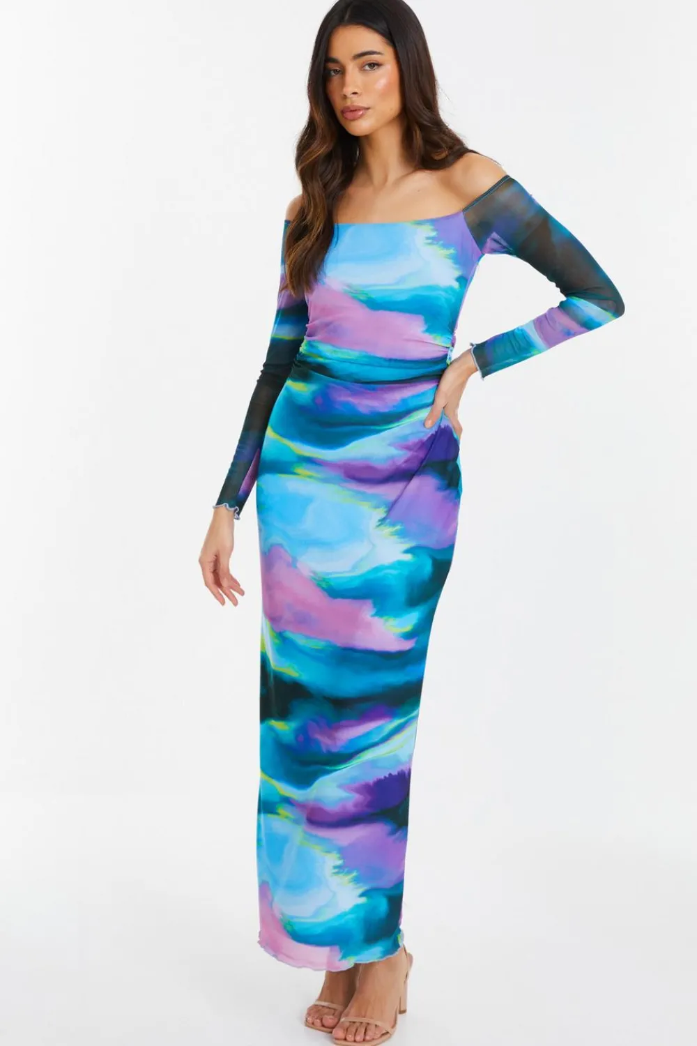 Quiz Maxi Dresses|Bodycon Dresses>Blue Abstract Print Mesh Midaxi Dress