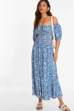 Quiz Holiday|Summer Dresses>Blue Animal Print Bardot Midi Dress