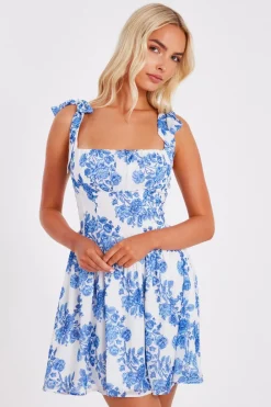 Quiz Day At The Races|Christening Guest>Blue Chiffon Floral Mini Dress