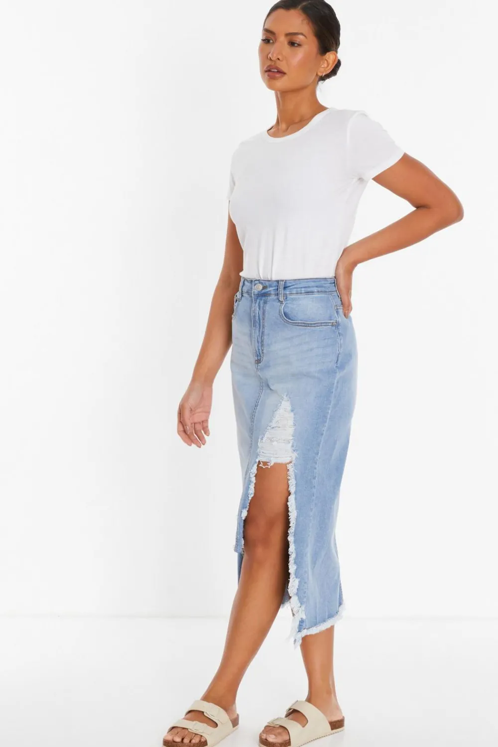 Quiz Summer Clothes|Skirts>Blue Denim Extreme Rip Midi Skirt
