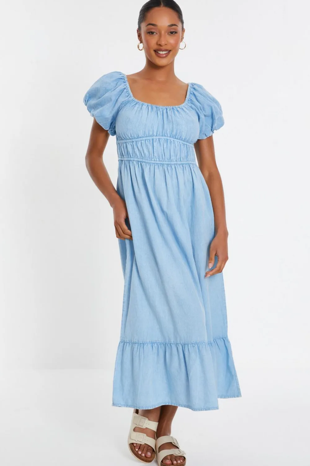 Quiz Summer Dresses|Midi Dresses>Blue Denim Puff Sleeve Midi Dress