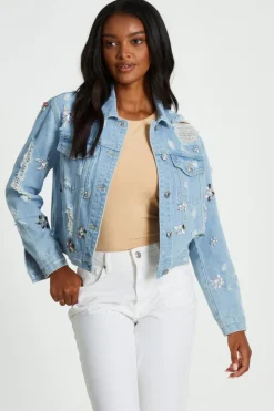Quiz Jackets & Coats|Casual Clothing>Blue Destressed Embellished Denim Jacket