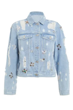 Quiz Jackets & Coats|Casual Clothing>Blue Destressed Embellished Denim Jacket