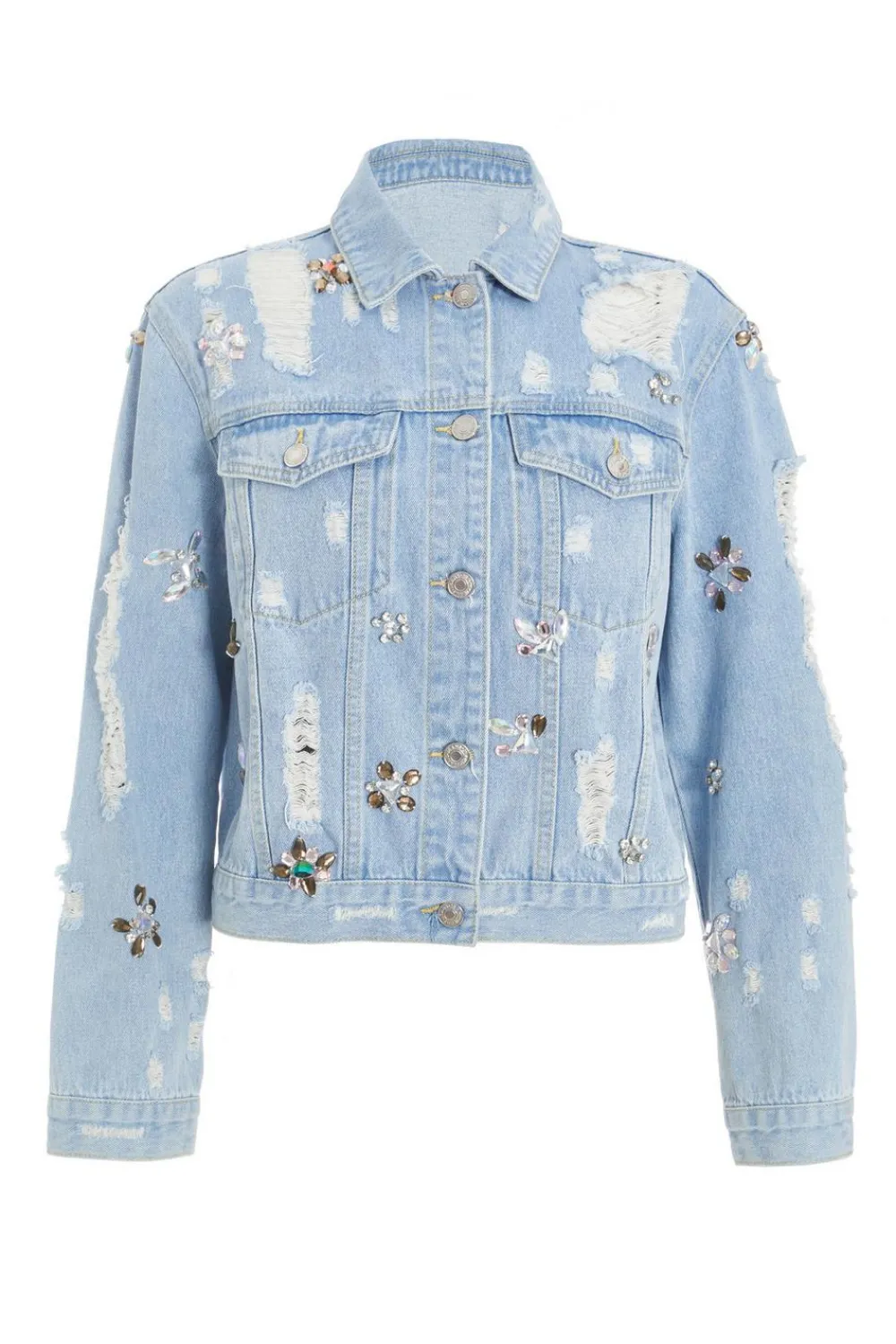 Quiz Jackets & Coats|Casual Clothing>Blue Destressed Embellished Denim Jacket
