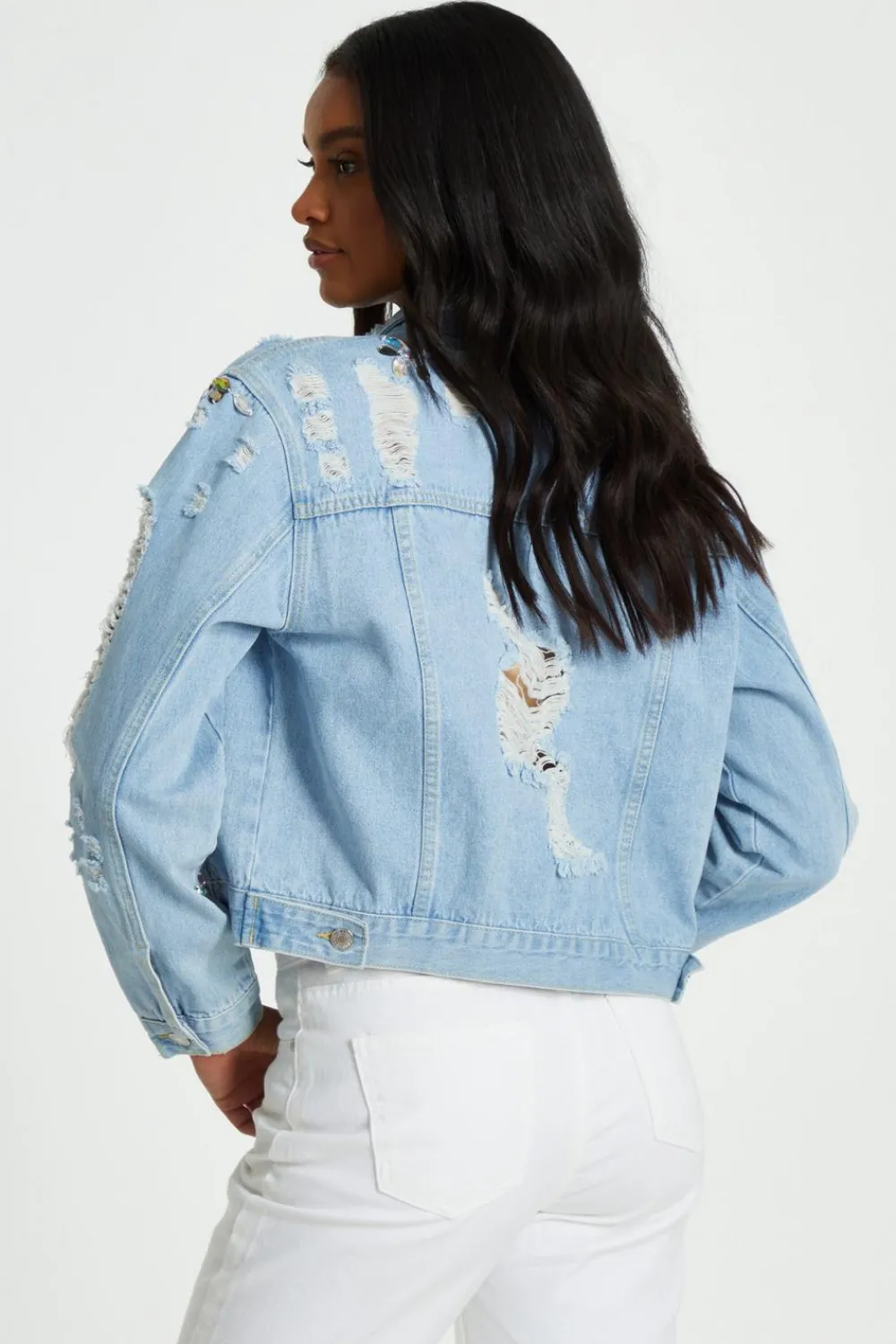 Quiz Jackets & Coats|Casual Clothing>Blue Destressed Embellished Denim Jacket