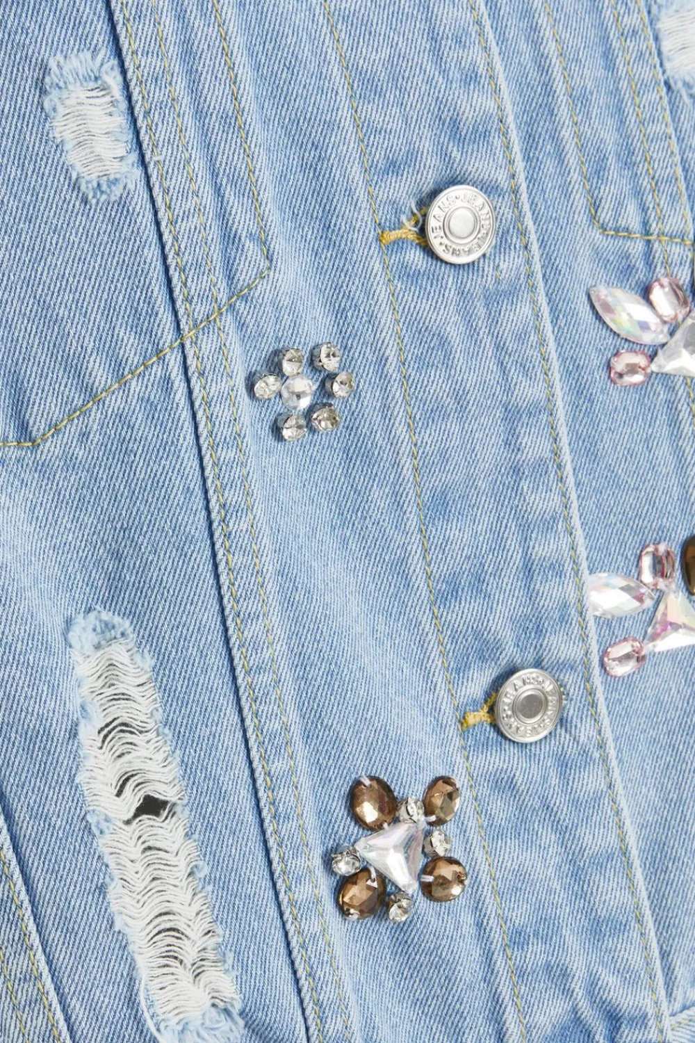 Quiz Jackets & Coats|Casual Clothing>Blue Destressed Embellished Denim Jacket