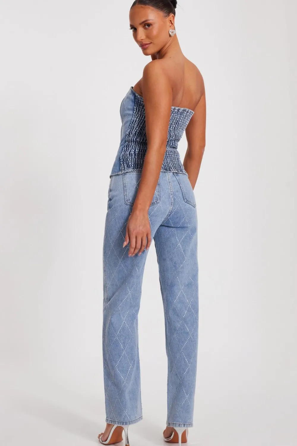Quiz Summer Tops|Going Out Tops>Blue Diamante Denim Corset Top