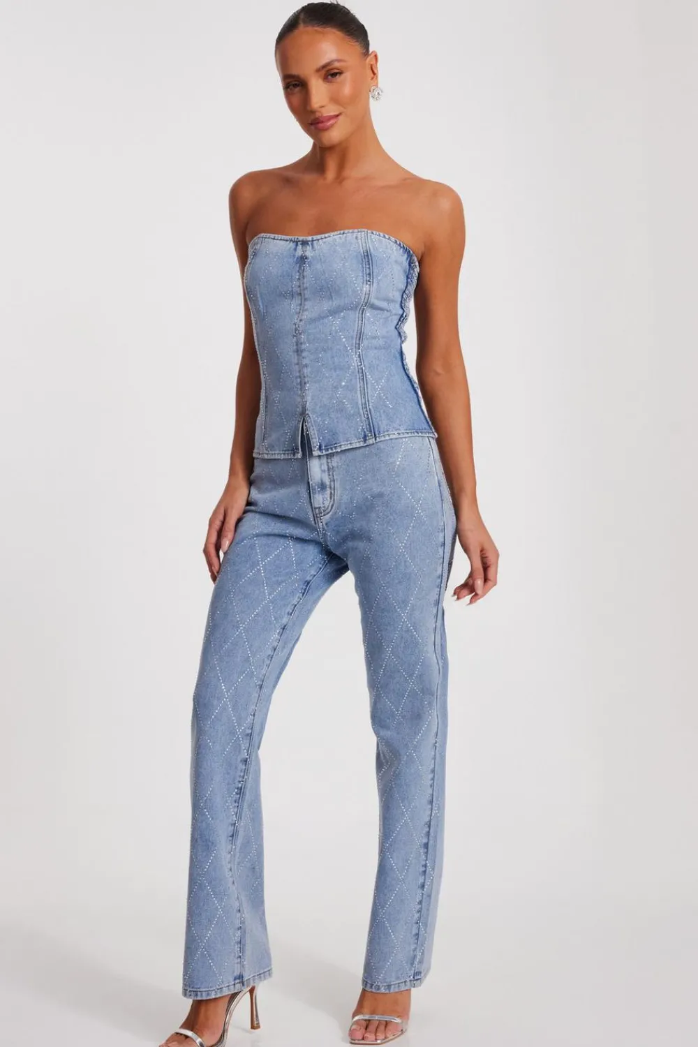 Quiz Summer Tops|Going Out Tops>Blue Diamante Denim Corset Top