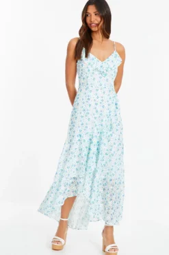 Quiz Holiday|White Dresses>Blue Ditsy Print Chiffon Midaxi Dress