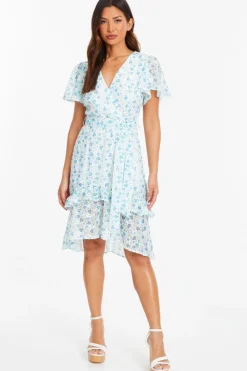Quiz Holiday|Florals>Blue Ditsy Print Chiffon Wrap Midi Dress