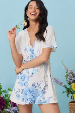 Quiz Playsuits|Playsuits>Blue Floral Print Wrap Tie Playsuit