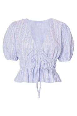 Quiz Summer Tops|Day Tops>Blue Gingham Crop Top