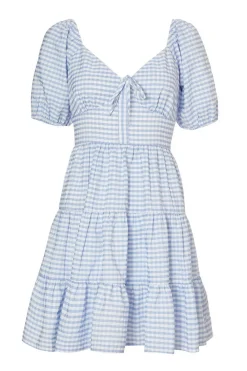 Quiz Summer Clothes|Holiday>Blue Gingham Puff Sleeve Dress