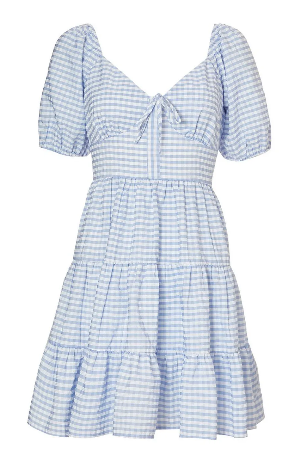 Quiz Summer Clothes|Holiday>Blue Gingham Puff Sleeve Dress