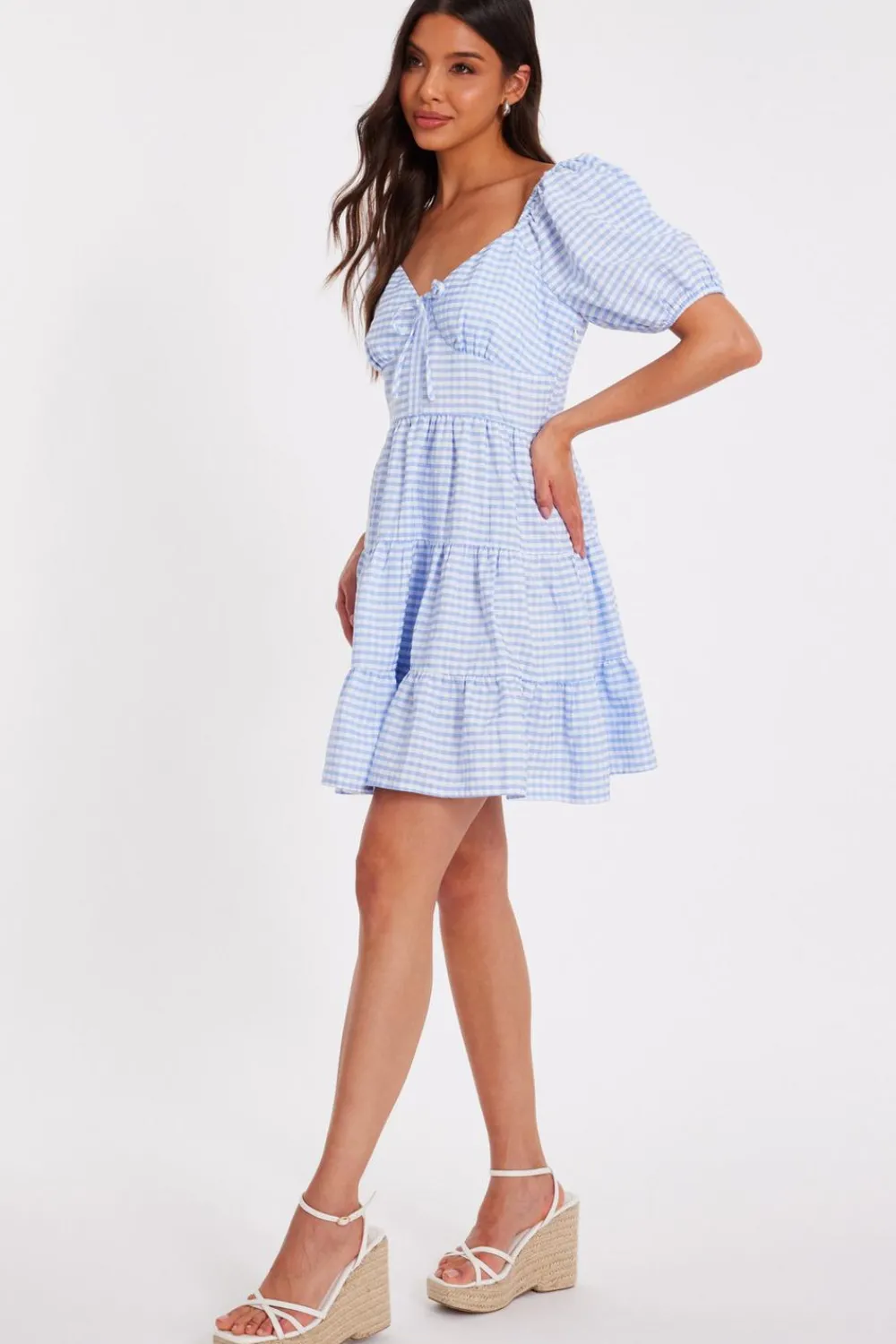 Quiz Summer Clothes|Holiday>Blue Gingham Puff Sleeve Dress
