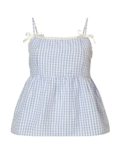 Quiz Summer Tops|Day Tops>Blue Gingham Strappy Peplum Top