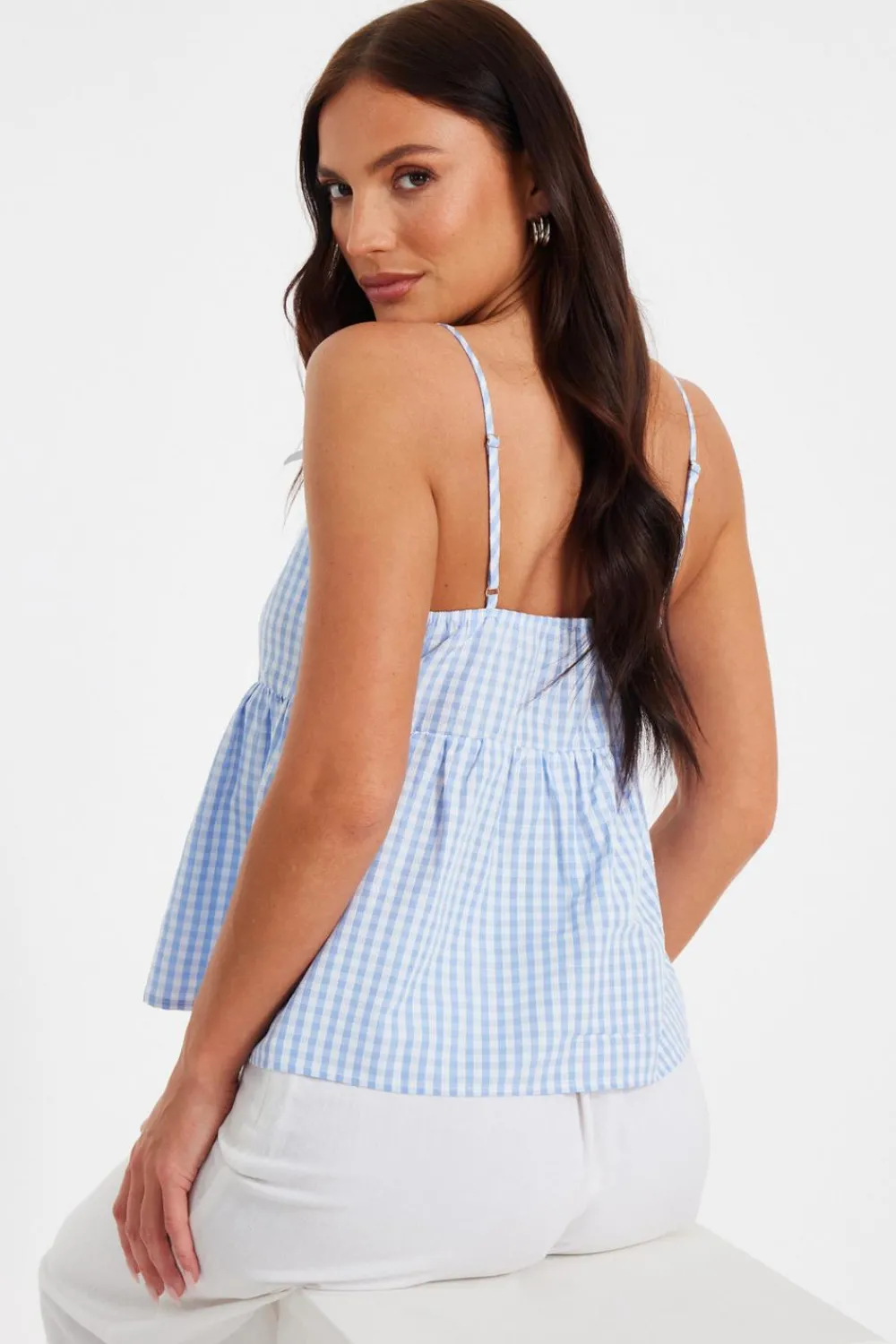 Quiz Summer Tops|Day Tops>Blue Gingham Strappy Peplum Top