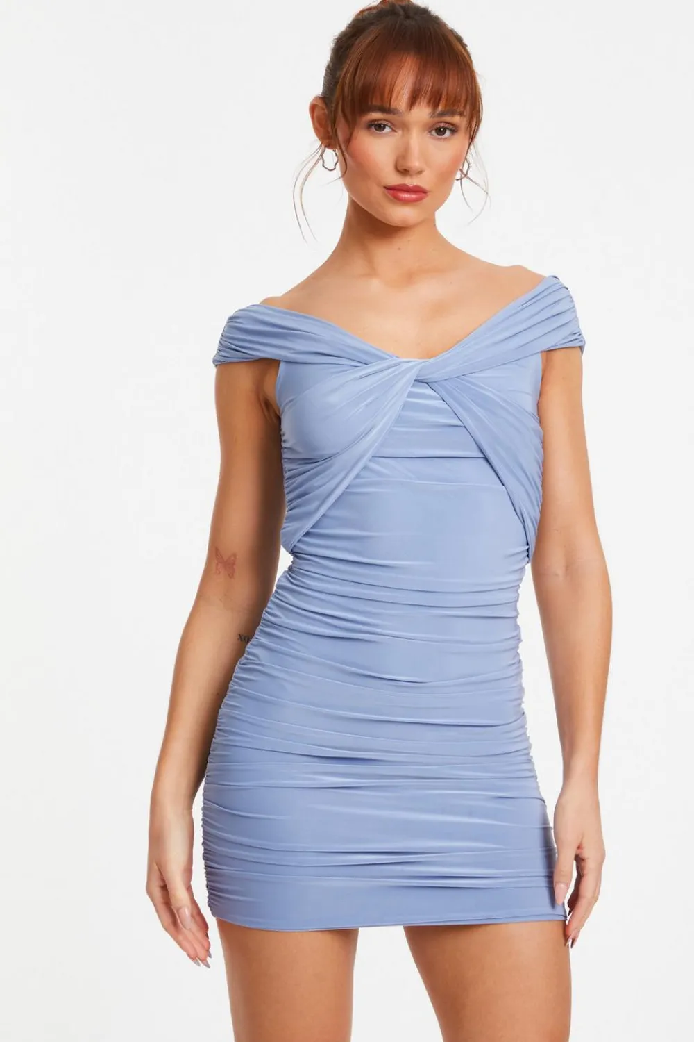 Quiz Mini Dresses|Bodycon Dresses>Blue Knot Front Bardot Bodycon Mini Dress