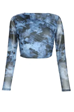 Quiz Going Out Tops|Crop Tops>Blue Marble Print Mesh Crop Top