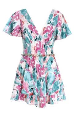Quiz Playsuits|Playsuits>Blue Marble Print Satin Playsuit
