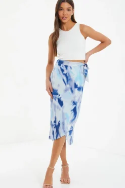 Quiz Skirts|Holiday>Blue Marble Print Wrap Midi Skirt