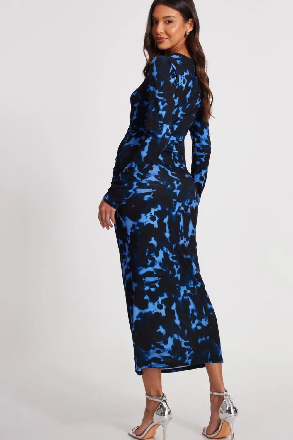 Quiz Modest|Going Out>Blue Marble Ruched Midi Dress