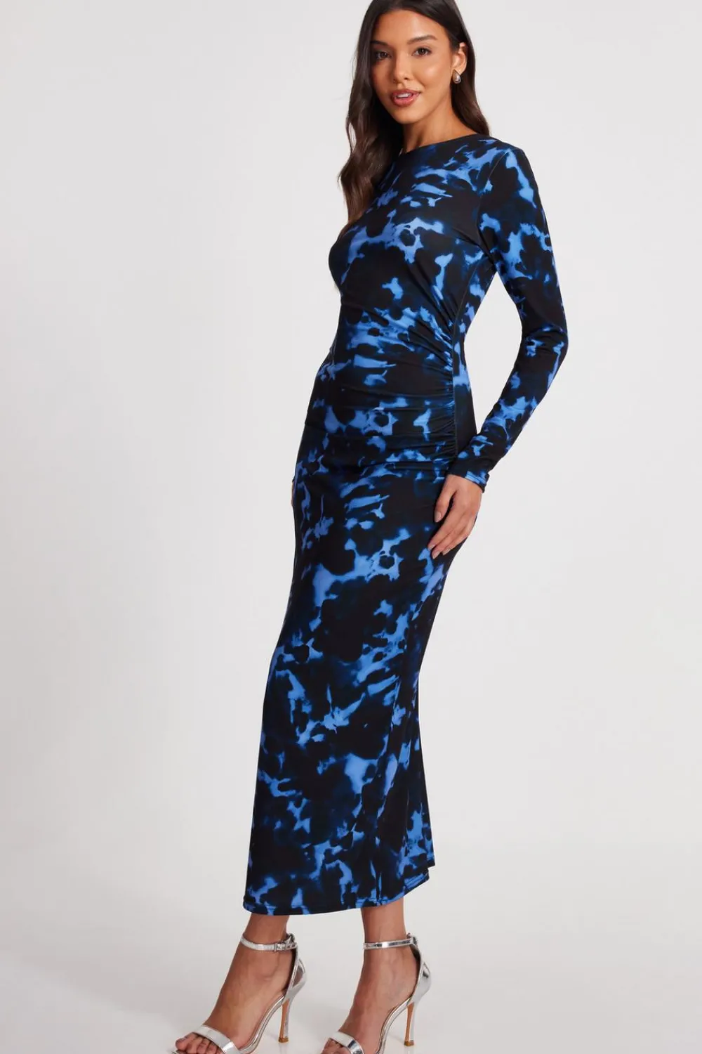 Quiz Modest|Going Out>Blue Marble Ruched Midi Dress