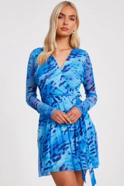 Quiz Summer Clothes|Going Out>Blue Mesh Animal Print Skater Dress