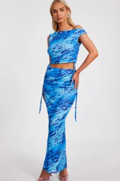 Quiz Day Tops|Crop Tops>Blue Mesh Animal Print Top