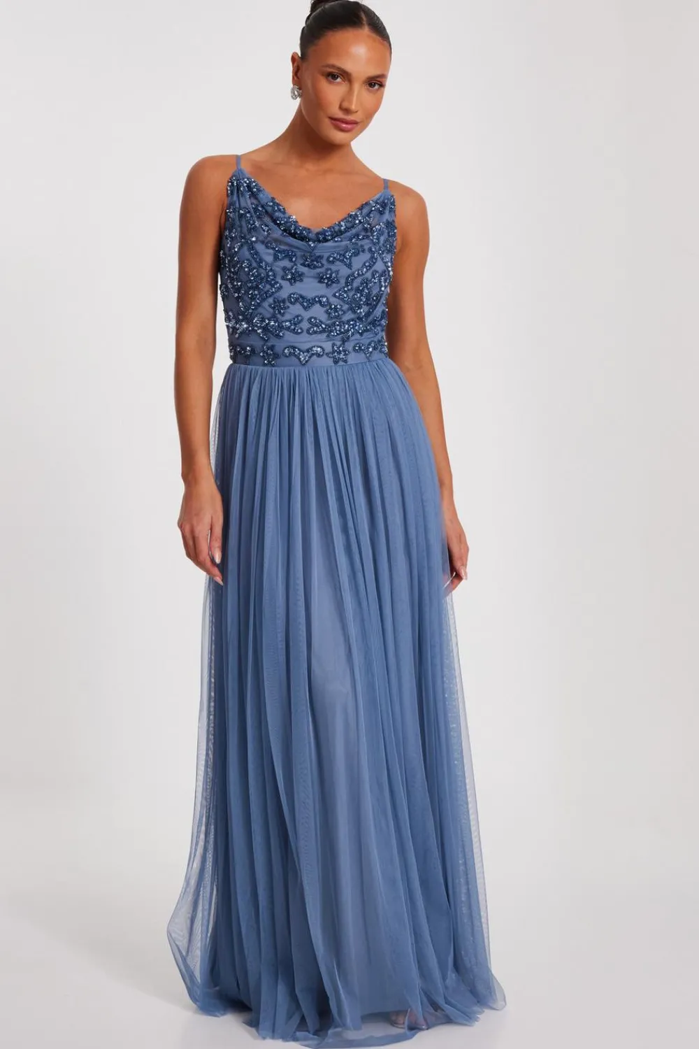 Quiz Prom Dresses|Evening Dresses>Blue Mesh Beaded Maxi Dress