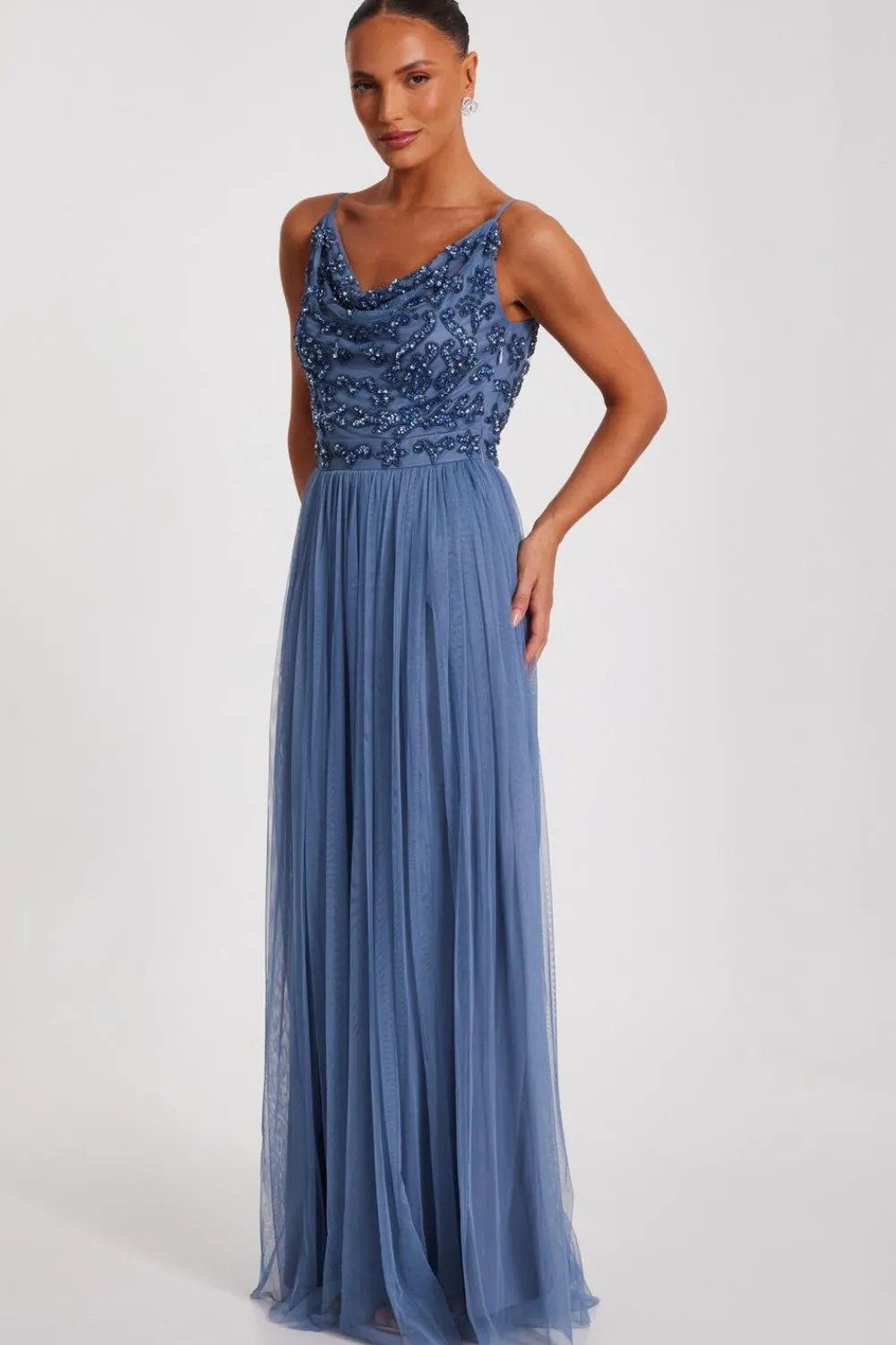 Quiz Prom Dresses|Evening Dresses>Blue Mesh Beaded Maxi Dress