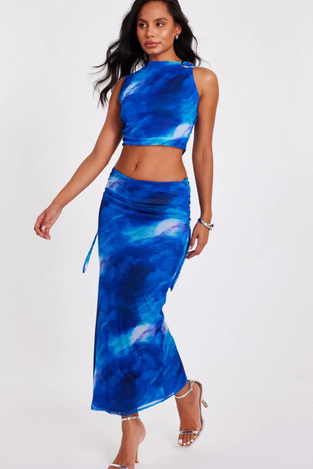 Quiz Summer Tops|Going Out Tops>Blue Mesh Marble Crop Top