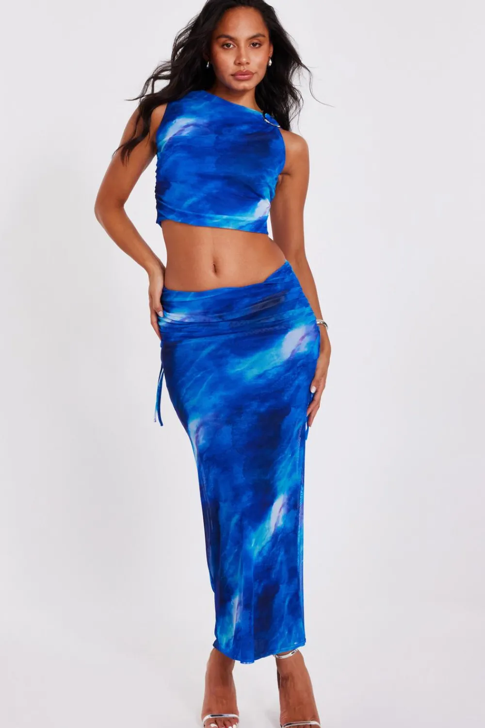 Quiz Summer Clothes|Skirts>Blue Mesh Marble Midaxi Skirt