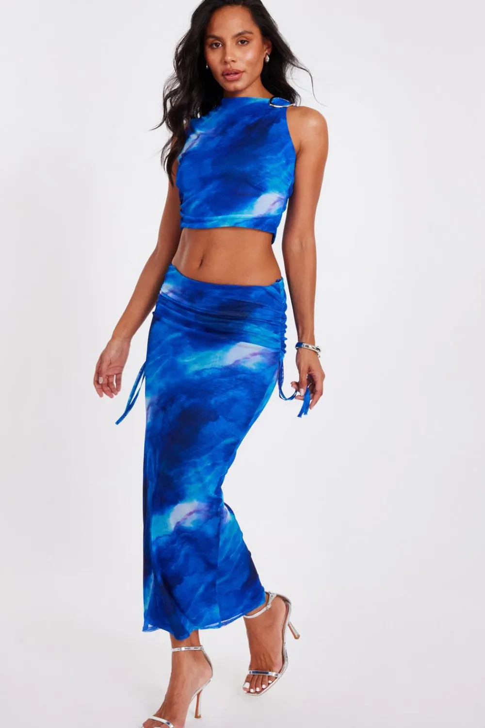 Quiz Summer Clothes|Skirts>Blue Mesh Marble Midaxi Skirt