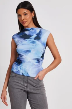 Quiz Going Out Tops|Tops>Blue Mesh Tie Dye Crop Top