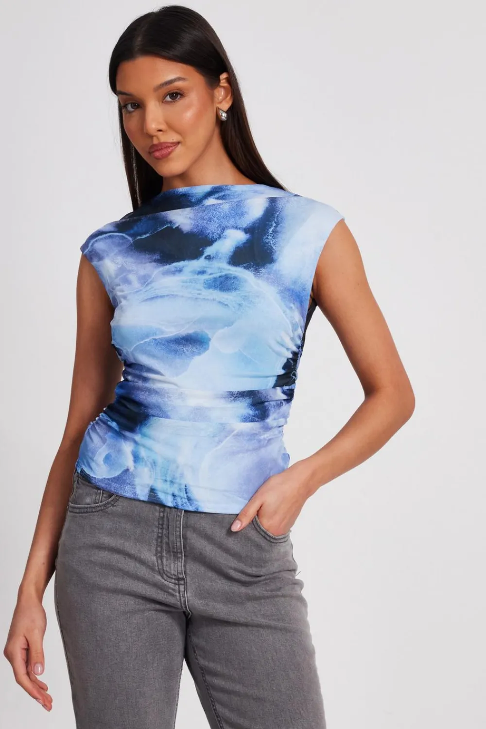 Quiz Going Out Tops|Tops>Blue Mesh Tie Dye Crop Top