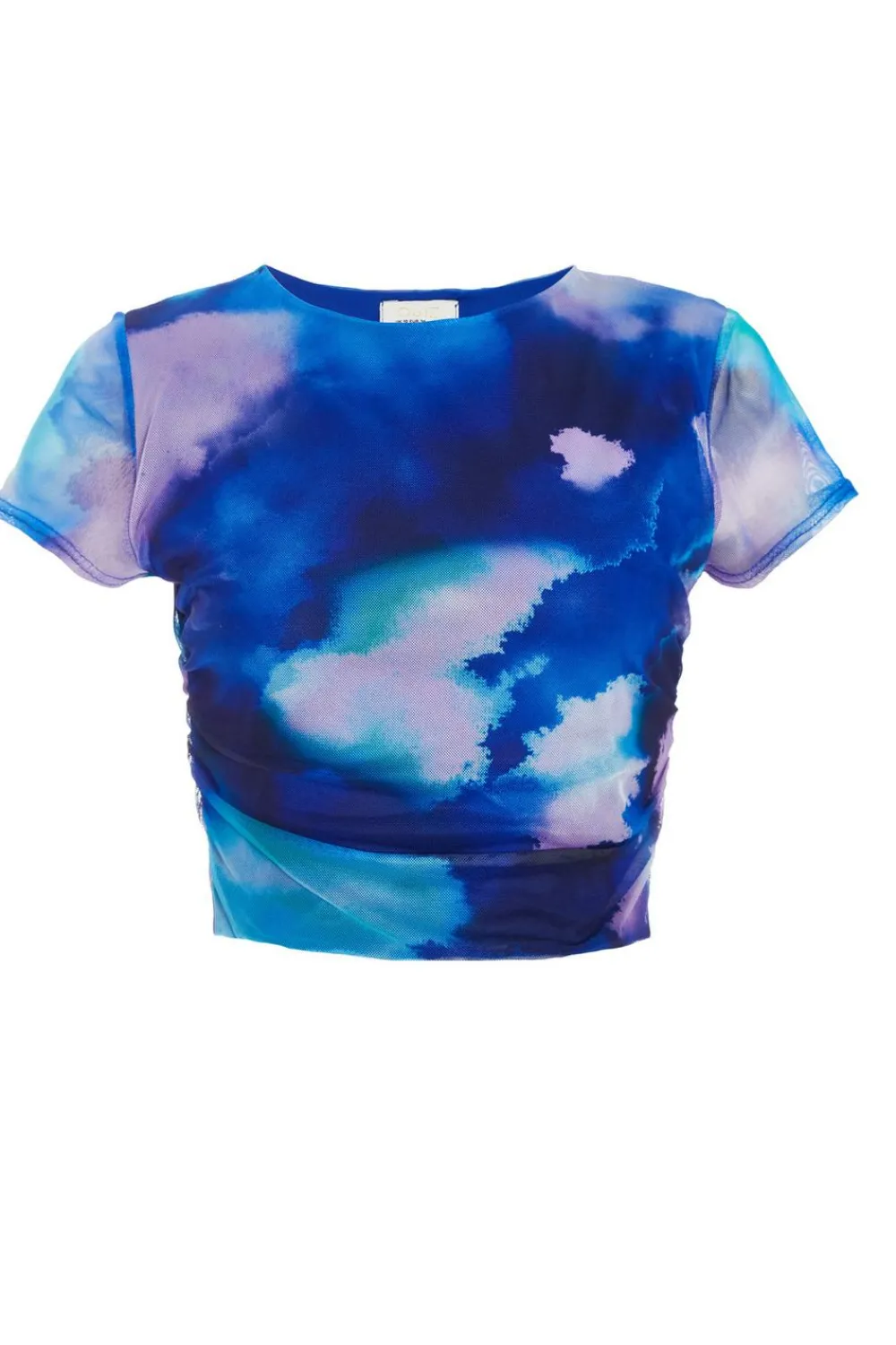 Quiz Summer Tops|Crop Tops>Blue Mesh Tie Dye Print Crop Top