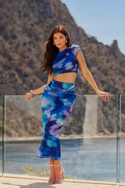 Quiz Summer Clothes|Skirts>Blue Mesh Tie Dye Print Midaxi Skirt