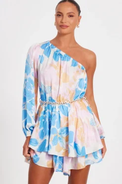 Quiz Playsuits|Summer Clothes>Blue One shoulder Floral Playsuit
