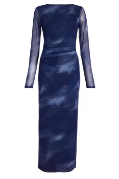 Quiz Going Out|Dresses>Blue Printed Long Sleeve Midaxi Dress