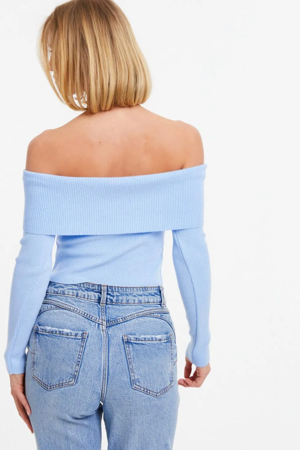 Quiz Bardot Tops|Tops>Blue Ribbed Bardot Jumper