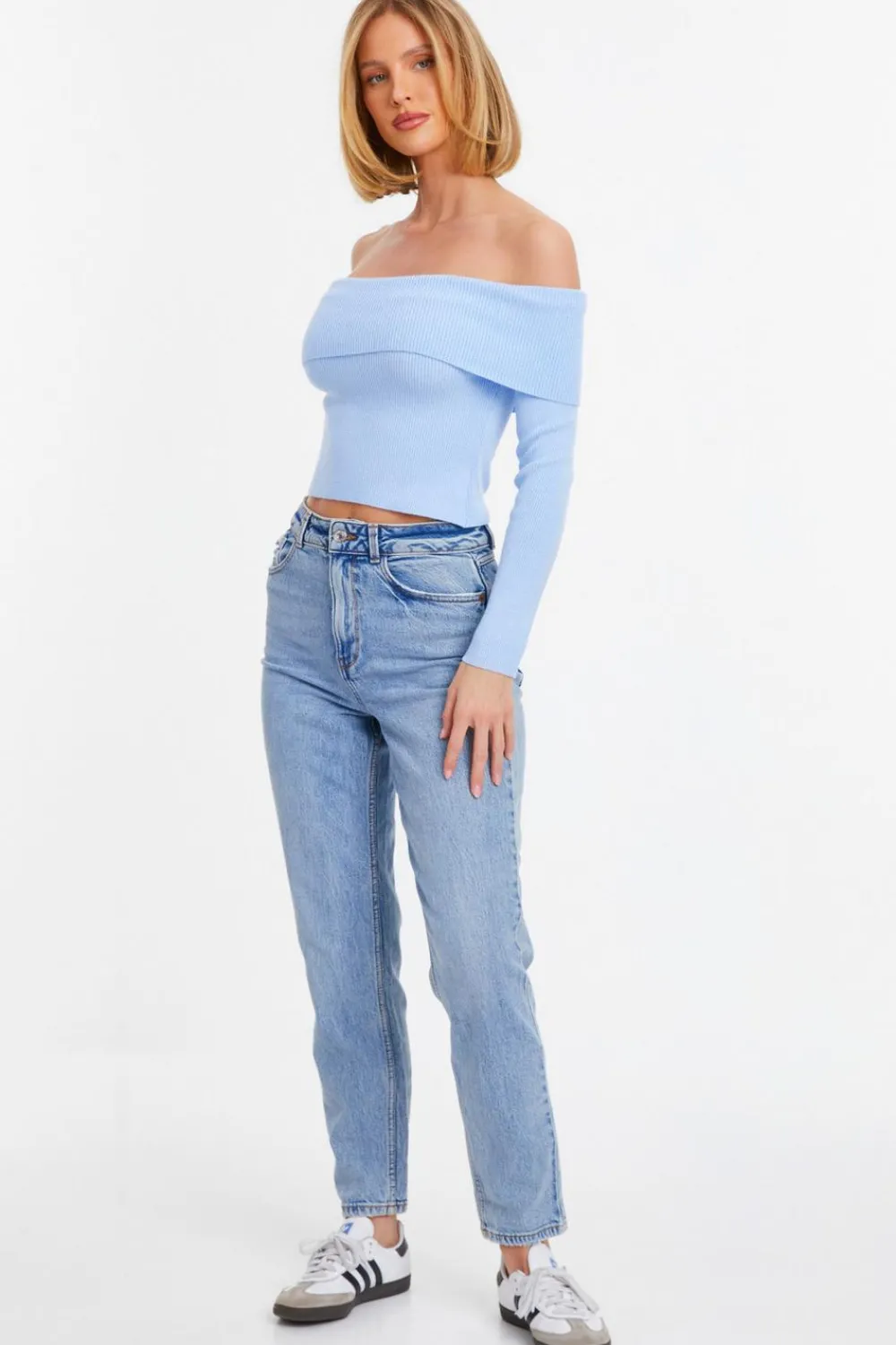 Quiz Bardot Tops|Tops>Blue Ribbed Bardot Jumper