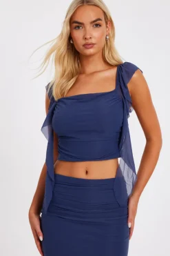 Quiz Going Out Tops|Crop Tops>Blue Ruffle Detail Crop Top