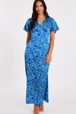 Quiz Day At The Races|Christening Guest>Blue Satin Floral Midaxi Dress