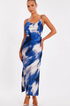 Quiz Day At The Races|Christening Guest>Blue Satin Marble Midaxi Dress