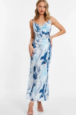 Quiz Wedding Guest Dresses|Summer Dresses>Blue Satin Marble Print Midi Dress