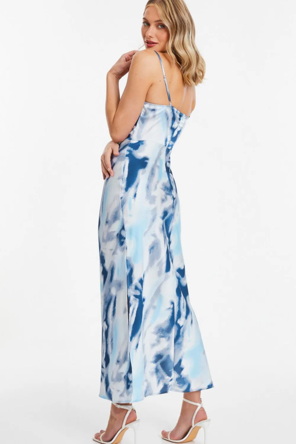 Quiz Wedding Guest Dresses|Summer Dresses>Blue Satin Marble Print Midi Dress